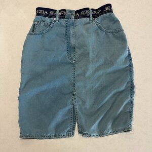 VINTAGE Mid-length Krizia Light Denim look Skirt, Elastic Jaguar Waistband sz 42